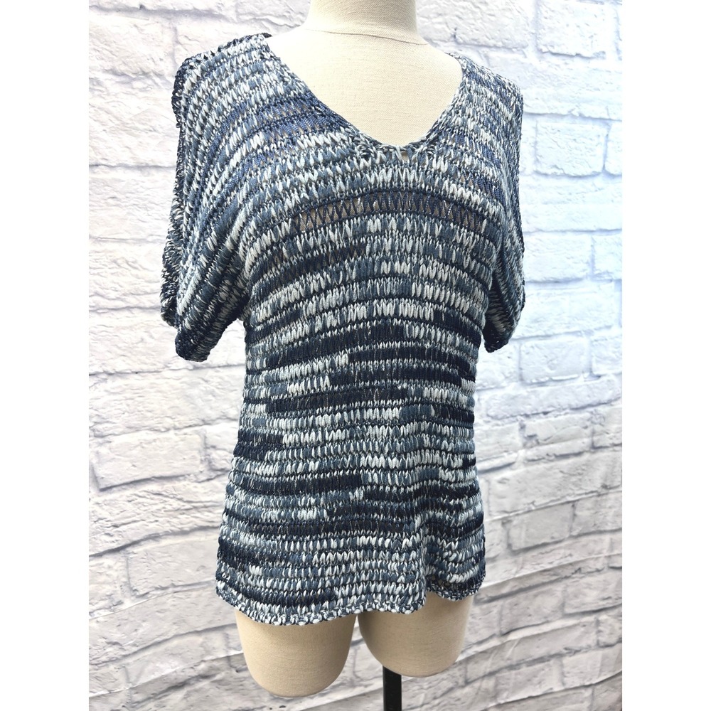 Eileen Fisher Sweater Womens XS Blue Excellent V-Neck Open Knit Space Dye Top